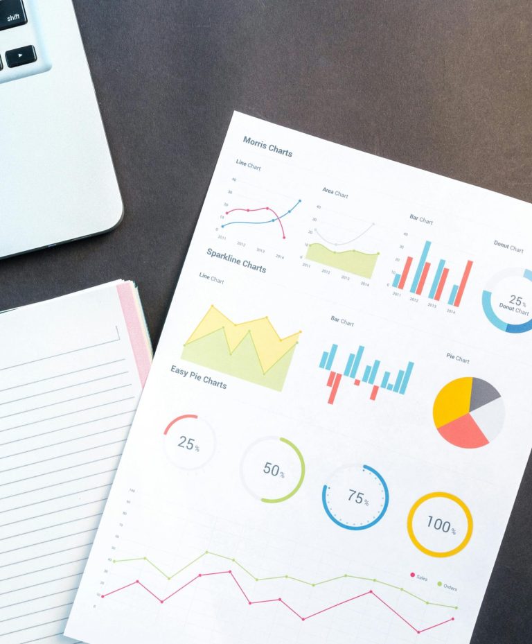Flatlay of business report with colorful charts, a notebook, and a laptop for data analysis on a desk.